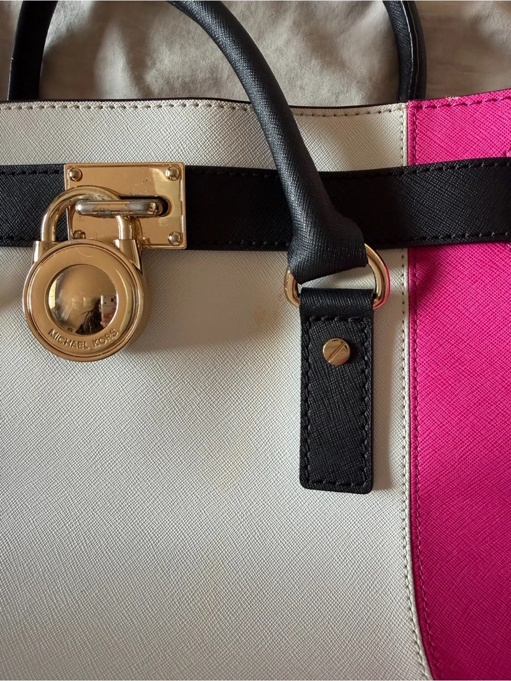 Women's Pink and White Colorblock Satchel Tote